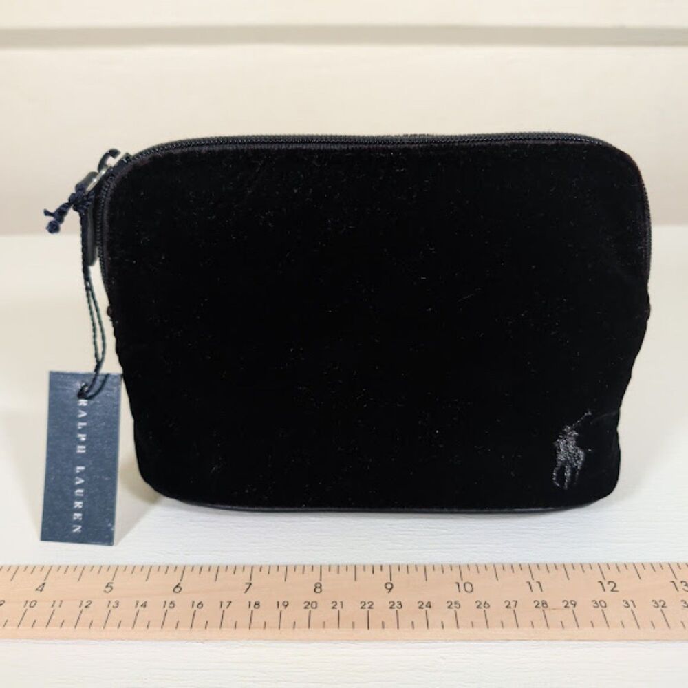 N618MC01F NWT Ralph Lauren Black Velvet Cosmetic Case Silver Pony Logo Makeup